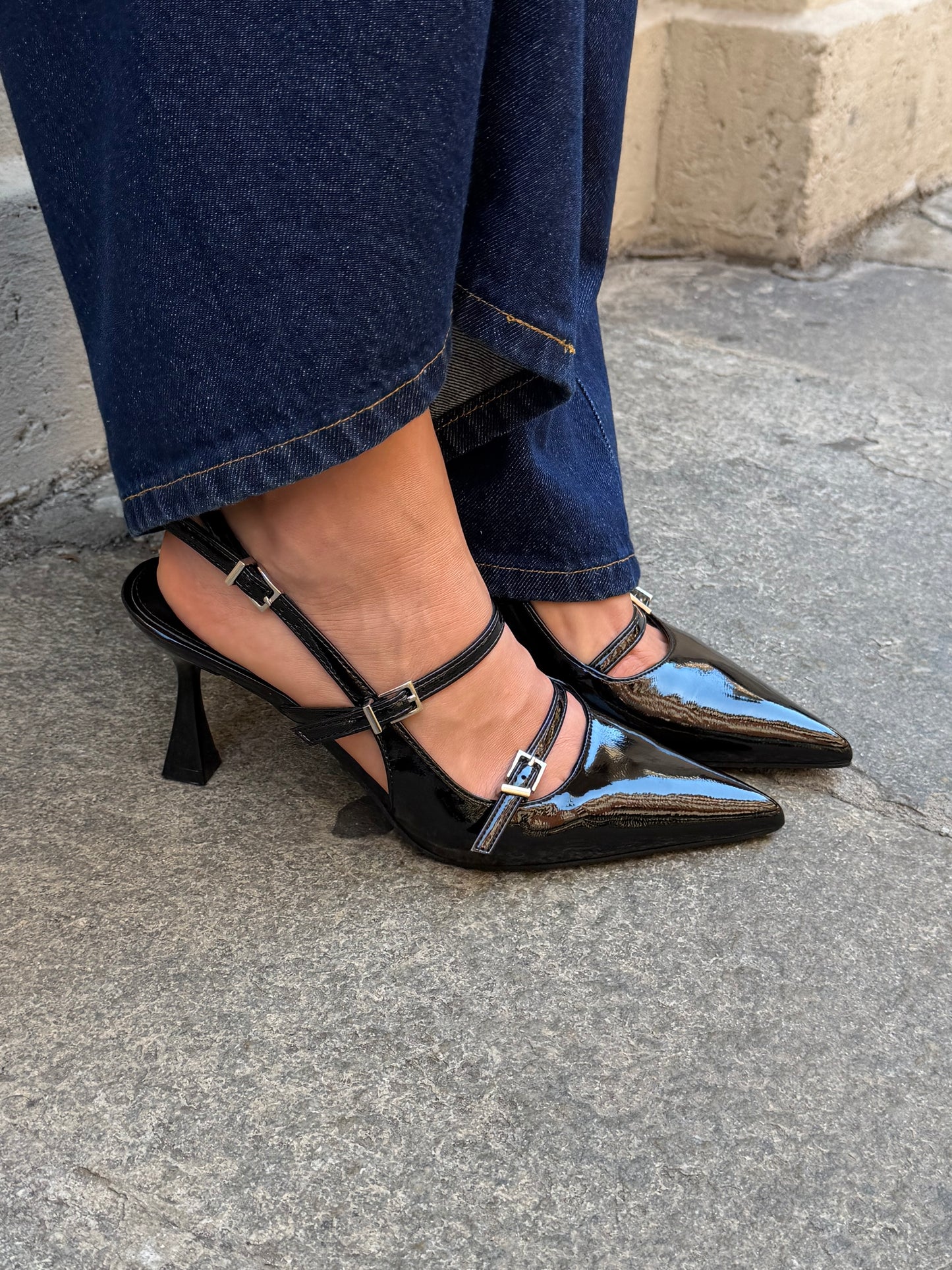 Slingback Vernice Nero